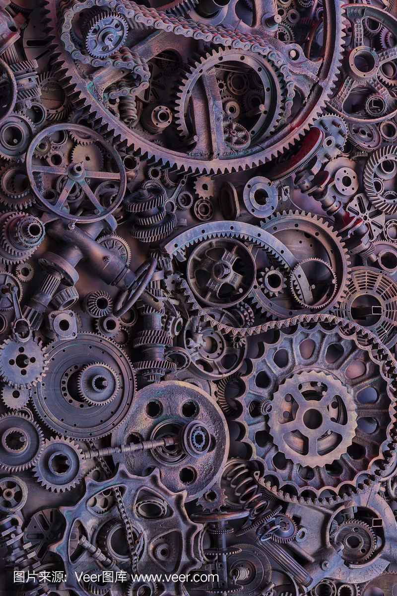 蒸汽朋克背景,機器零件,大齒輪和鏈條的機器和拖拉機。陳舊生銹的機器和機械部件。彈簧、軸承、活塞、曲軸、凸輪軸。