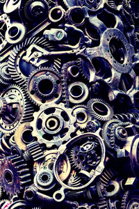 機(jī)械零件齒輪、蒸汽朋克齒輪、車輪、汽車零件堆、舊生銹的鐵鏈、彈簧、車輪關(guān)閉